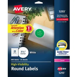 Labels|Avery Sure Feed Laser Round Labels, 1-2/3" Dia, White, 600 Labels/Pack (5293)