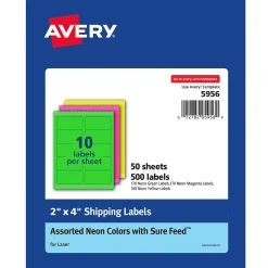 Labels|Avery Sure Feed Laser Shipping Labels, 2"x 4", Assorted Neon, 500 Labels/Box (5956)