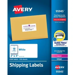 Sale Avery Sure Feed Laser/Inkjet Shipping Labels, 2" x 4", Matte White, 2,500 Labels/Box (95945)