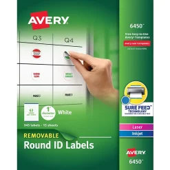 Labels|Avery Sure Feed Laser/Inkjet Multipurpose Labels, 1" Dia, White, 945 Labels/Pack (6450)