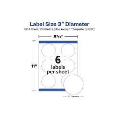 Labels|Avery Sure Feed Laser/Inkjet Round Labels, 3" Dia, Glossy White, 60 Labels/Pack (22891)