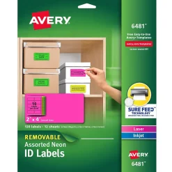 Labels|Avery Sure Feed Laser/Inkjet ID Labels, 2 x 4, Assorted Neon, 120 Labels/Pack (6481)