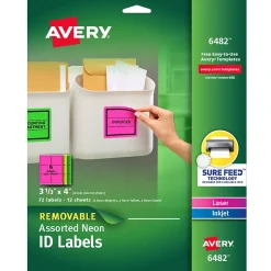 Labels|Avery Sure Feed Laser/Inkjet ID Labels, 3-1/3" x 4", Assorted Neon, 72 Labels/Pack (6482)