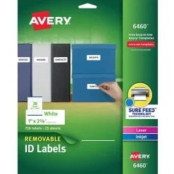 Labels|Avery Sure Feed Laser/Inkjet ID Labels, 1" x 2-5/8", White, 750 Labels/Pack (6460)