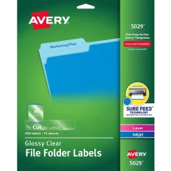 Labels|Avery Sure Feed Laser/Inkjet File Folder Labels, 2/3" x 3-7/16", Glossy Clear, 450 Labels/Pack (5029)
