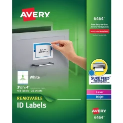 Labels|Avery Sure Feed Laser/Inkjet ID Labels, 3-1/3" x 4", White, 150 Labels/Pack (6464)