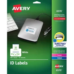 Labels|Avery Sure Feed Laser/Inkjet Identification Labels, 1 1/4" x 1 3/4", White, 15 Label Sheets/Pack (6570)