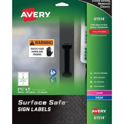 Labels|Avery Surface Safe Laser/Inkjet Label Safety Signs, 3 1/2" x 5", White, 60 Labels/Pack (61514)