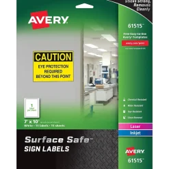 Labels|Avery Surface Safe Laser/Inkjet Label Safety Signs, 7" x 10", White, 15 Labels/Pack (61515)