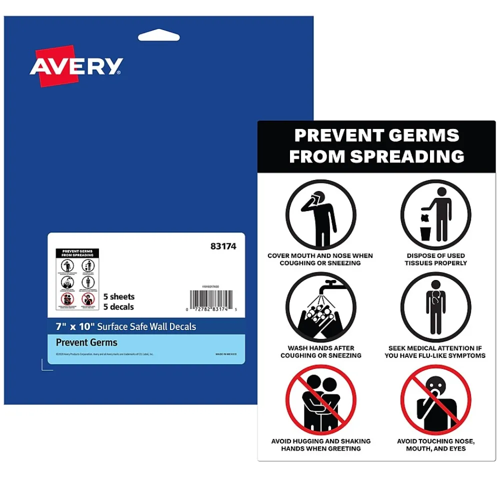 Avery Surface Safe "Prevent Germs from Spreading" Preprinted Wall Decals, 7" x 10", White/Black, 5/Pack (83174)
