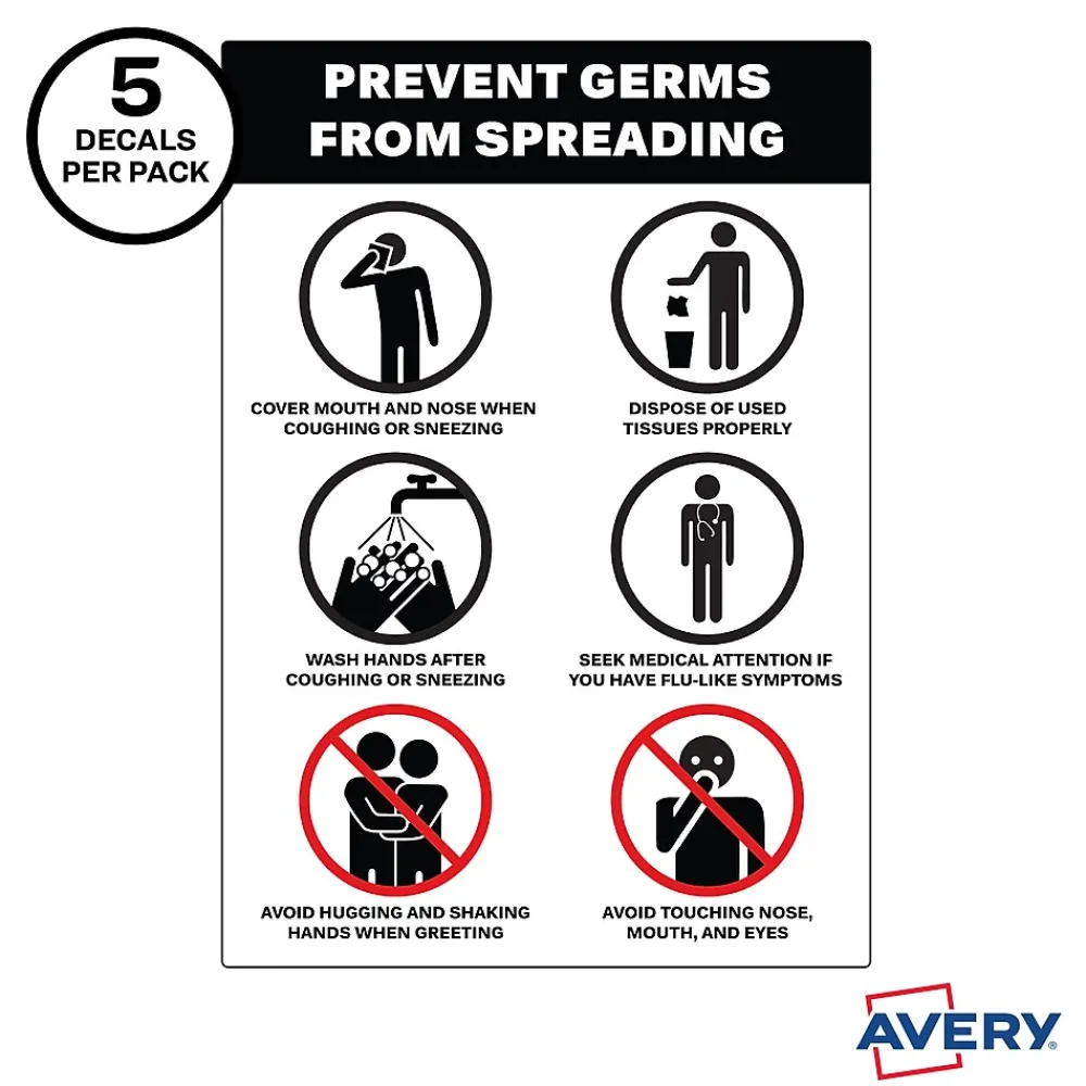 Avery Surface Safe "Prevent Germs from Spreading" Preprinted Wall Decals, 7" x 10", White/Black, 5/Pack (83174)