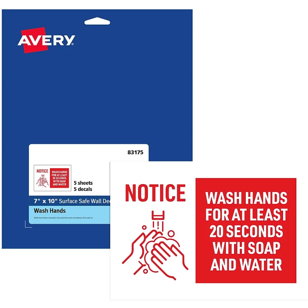 Avery Surface Safe "Wash Hands" Preprinted Wall Decals, 7" x 10", White/Red, 5/Pack (83175)