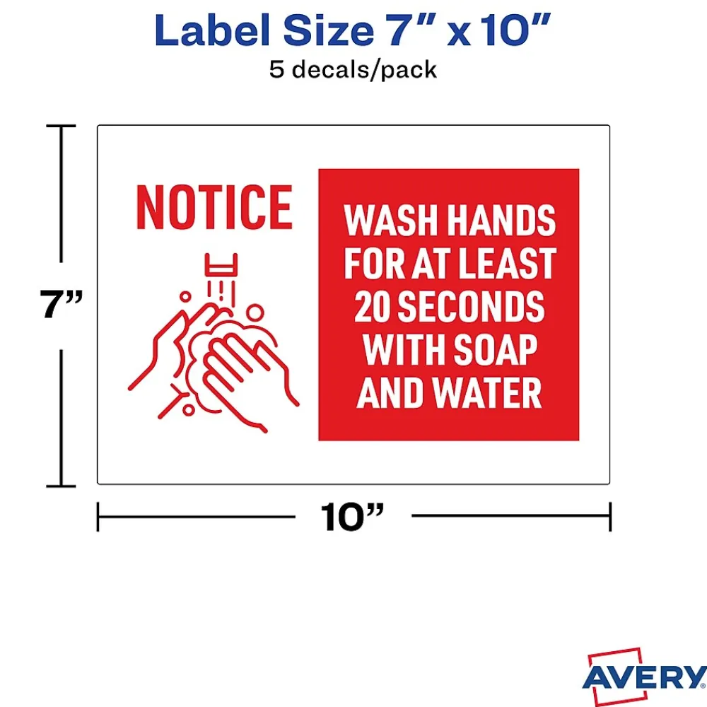 Avery Surface Safe "Wash Hands" Preprinted Wall Decals, 7" x 10", White/Red, 5/Pack (83175)