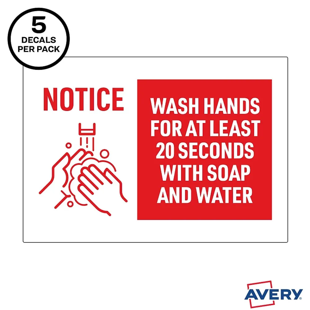 Avery Surface Safe "Wash Hands" Preprinted Wall Decals, 7" x 10", White/Red, 5/Pack (83175)