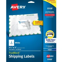 Sale Avery TrueBlock Inkjet Shipping Labels, 3-1/2" x 5", White, 100 Labels/Pack (8168)