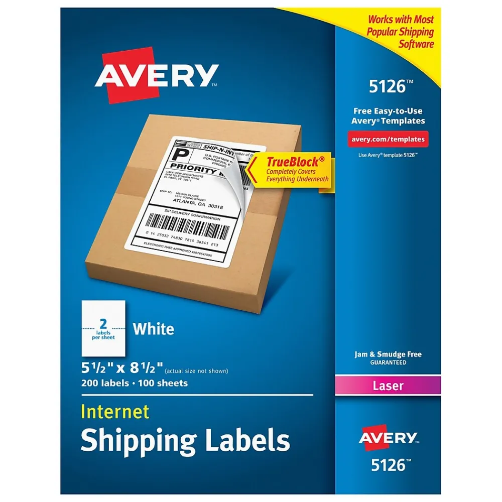 Avery TrueBlock Laser Shipping Labels, 5-1/2" x 8-1/2", White, 200 Labels/Box (5126)