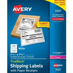 Best Avery TrueBlock Laser Shipping Labels with Paper Receipts, 5-1/16" x 7-5/8", White, 50 Labels/Box (5127)