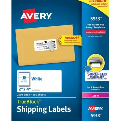 New Avery TrueBlock Laser Shipping Labels, 2" x 4", White, 2,500 Labels/Box (5963)