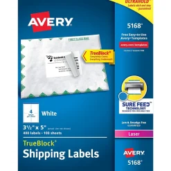 Outlet Avery TrueBlock Laser Shipping Labels, 3-1/2" x 5", White, 400 Labels/Box (5168)