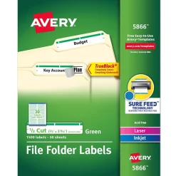 Labels|Avery TrueBlock Laser/Inkjet File Folder Labels, 2/3" x 3-7/16", White/, 1,500 Labels/Pack (5866) Green