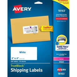 New Avery TrueBlock Shipping Labels, 2" x 4", White, 100 Labels/Pack (18163)