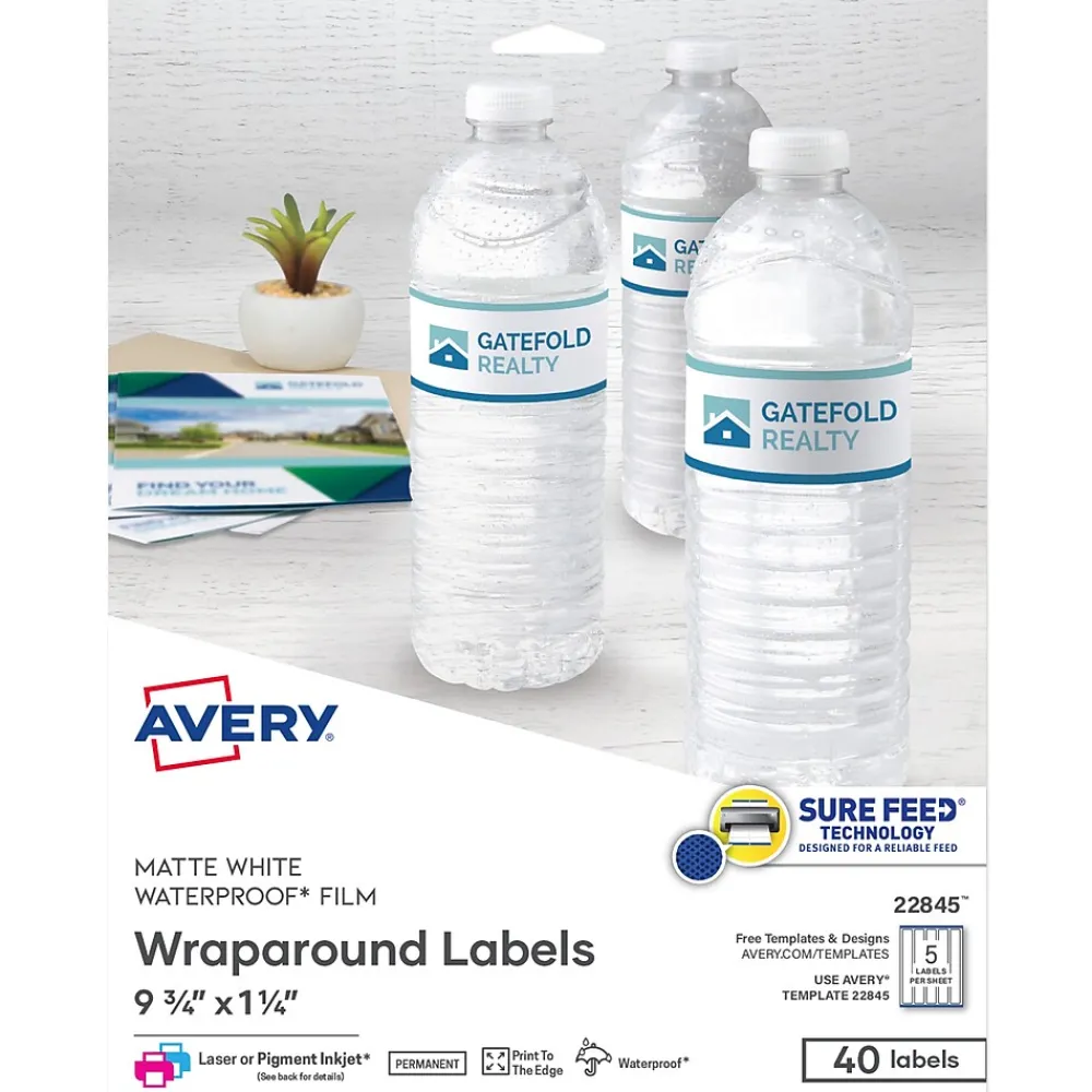 Labels|Avery Waterproof Laser/ Inkjet Wraparound Labels, 1.25" x 9.75", White, 40 Labels/Pack (22845)
