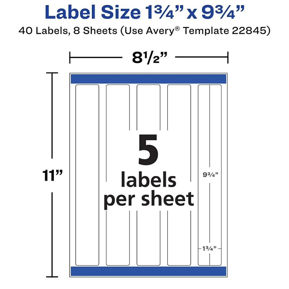 Labels|Avery Waterproof Laser/ Inkjet Wraparound Labels, 1.25" x 9.75", White, 40 Labels/Pack (22845)