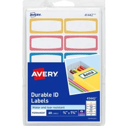 Labels|Avery Water-Resistant Laser/Inkjet ID Labels on 4" x 6" Sheets, 3/4" x 1-3/4", Assorted Border Colors, 60 Labels/Pack (41442)