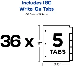 Dividers|Avery Write & Erase Paper Dividers, 5 Tabs, White, 36 Sets/Box (11506)
