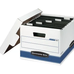File Storage|Bankers Box® Bankers Box Hang-N-Stor Medium-Duty FastFold Corrugated File Storage Boxes, Lift-Off Lid, Letter Size, White/Blue, 4/Ct (00784)
