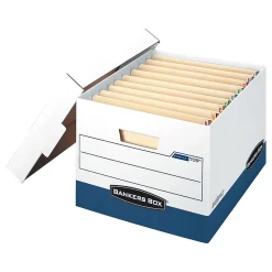 File Storage|Bankers Box® Bankers Box Heavy-Duty FastFold File Storage Boxes, Lift-Off Lid, Letter/Legal Size, White/Blue, 12/Carton (00709)