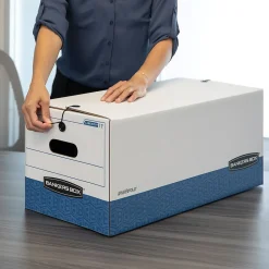 File Storage|Bankers Box® Bankers Box Liberty Heavy-Duty Corrugated File Storage Boxes, String & Button, Letter Size, White/Blue, 12/Carton (00011)