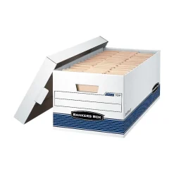 File Storage|Bankers Box® Bankers Box Medium-Duty FastFold Corrugated File Storage Boxes, Lift-Off Lid, 24" Legal Size, White/Blue, 4/Carton (0070205)