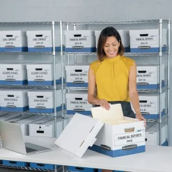 File Storage|Bankers Box® Bankers Box R-Kive Heavy Duty 60% Recycled FastFold Corrugated File Box Lift Off Lid, Letter/Legal Size, White/Blue, 20/Carton