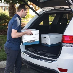 File Storage|Bankers Box® Bankers Box R-Kive Heavy Duty 60% Recycled FastFold Corrugated File Box Lift Off Lid, Letter/Legal Size, White/Blue, 20/Carton