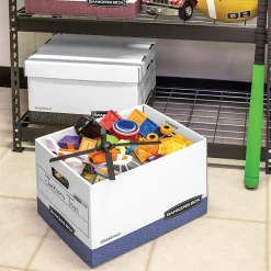 File Storage|Bankers Box® Bankers Box R-Kive® Heavy-Duty FastFold File Storage Boxes, Lift-Off Lid, Letter/Legal Size, White/Blue, 12/Carton (07243)