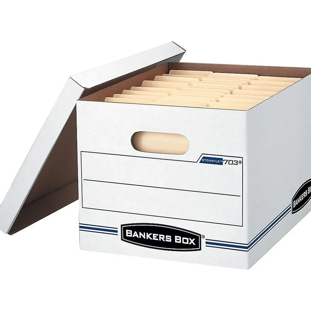 File Storage|Bankers Box® Bankers Box Stor/File™ Corrugated File Storage Boxes, Lift-Off Lid, Letter/Legal Size, White/Blue, 4/Carton (0070308)