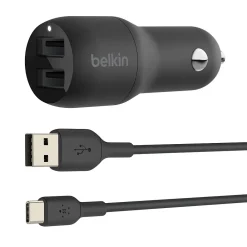 BOOST CHARGE Dual USB-A Car Charger, 24W + USB-A to USB-C Cable, Black<Belkin Best
