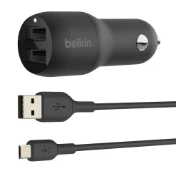 BOOST CHARGE Dual USB-A Car Charger 24 W + USB-A to Micro-USB Cable, Black<Belkin Sale