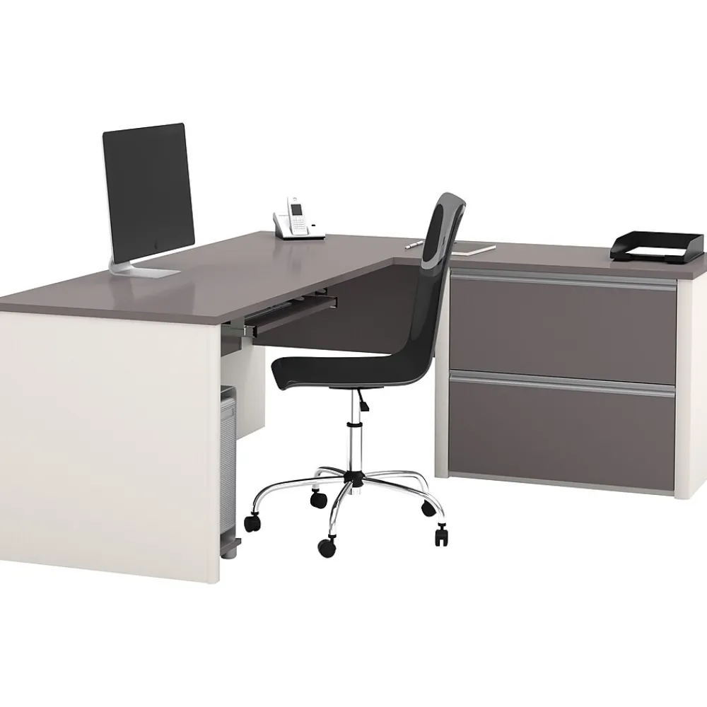 L-Desks*bestar Connexion Collection 71"W L-Shaped Desk with Oversize Pedestal, Sandstone and Slate (93862-59)