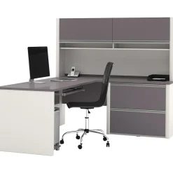 L-Desks*bestar Connexion Collection 71"W L-Shaped Desk with Oversize Pedestal and Hutch, Sandstone and Slate (93867-59)