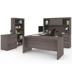 Corner Desks*bestar Logan 66" U-Shaped Executive Desk with Hutch, Lateral File Cabinet, and Bookcase, Bark Grey (46851-47)