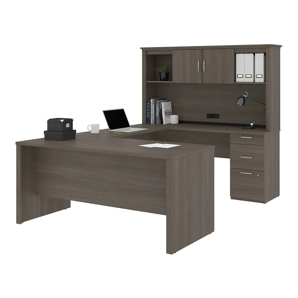 Computer Desks*bestar Logan 66"W U or L-Shaped Executive Office Desk with Pedestal and Hutch, Bark Grey (46410-47)