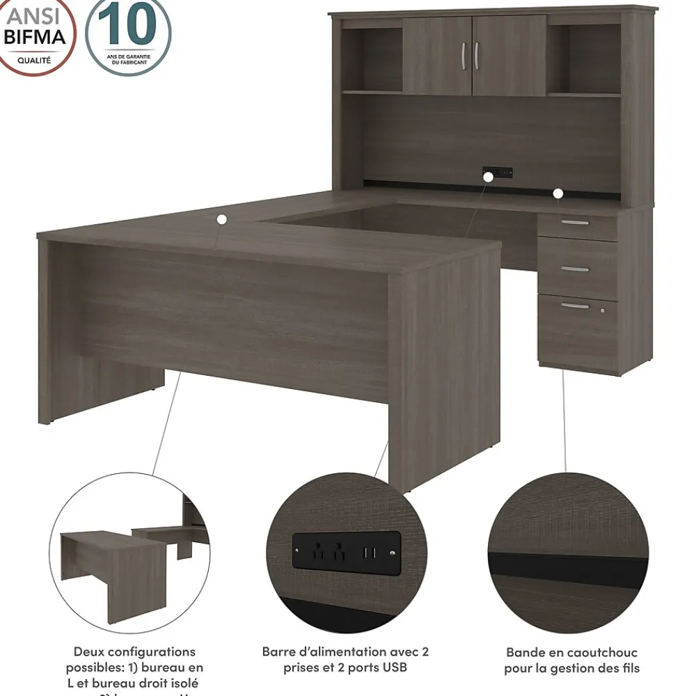 Computer Desks*bestar Logan 66"W U or L-Shaped Executive Office Desk with Pedestal and Hutch, Bark Grey (46410-47)