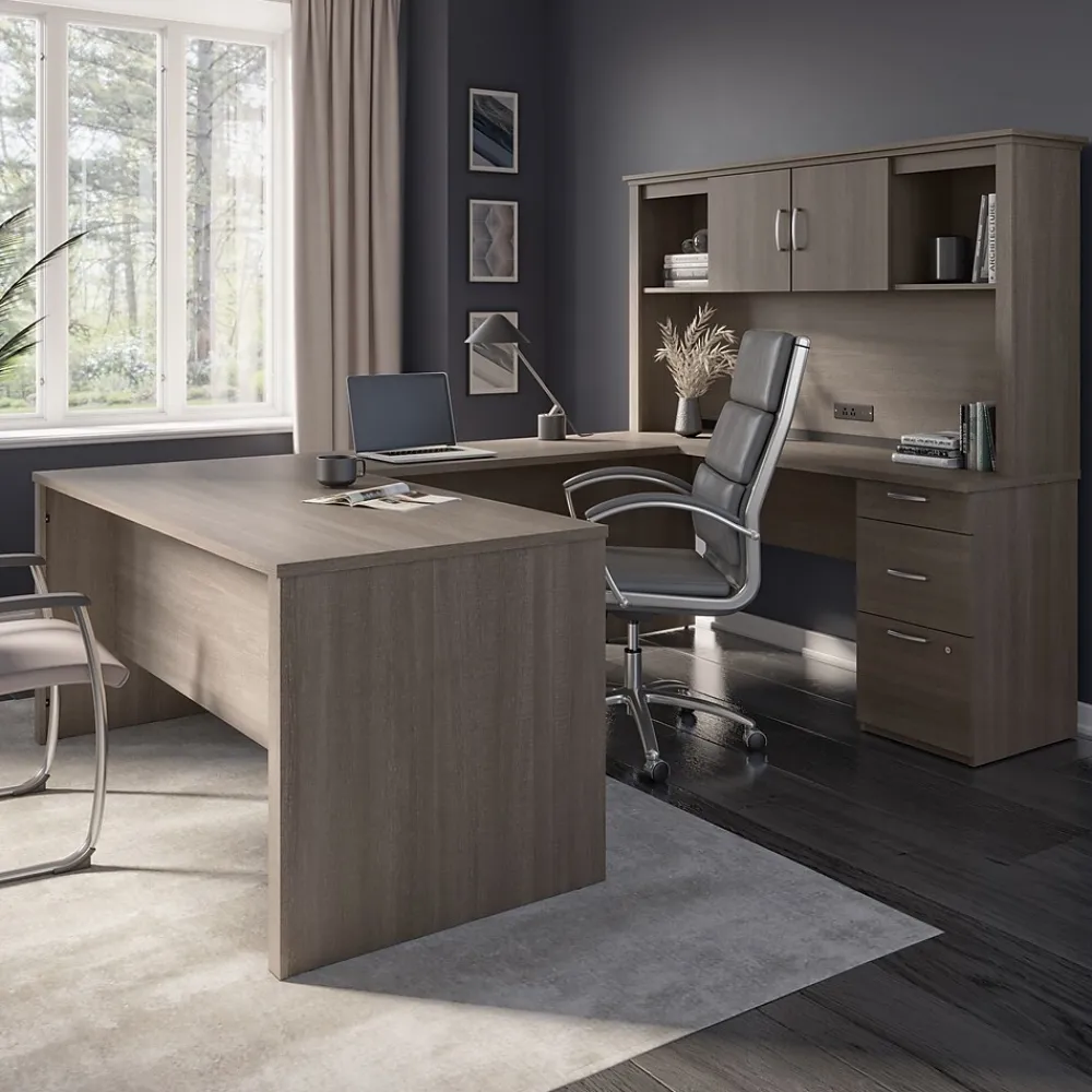 Computer Desks*bestar Logan 66"W U or L-Shaped Executive Office Desk with Pedestal and Hutch, Bark Grey (46410-47)