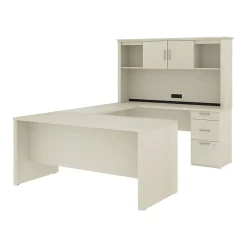 Computer Desks*bestar Logan 66"W U or L-Shaped Executive Office Desk with Pedestal and Hutch, White Chocolate (46410-31)