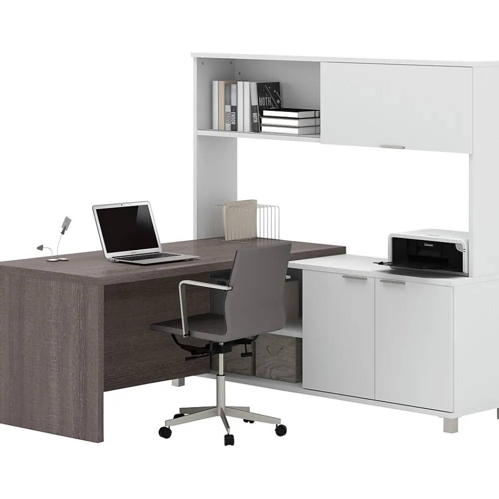 L-Desks*bestar Pro-Linea L-Desk with Hutch, White/Bark Grey (120884-47)