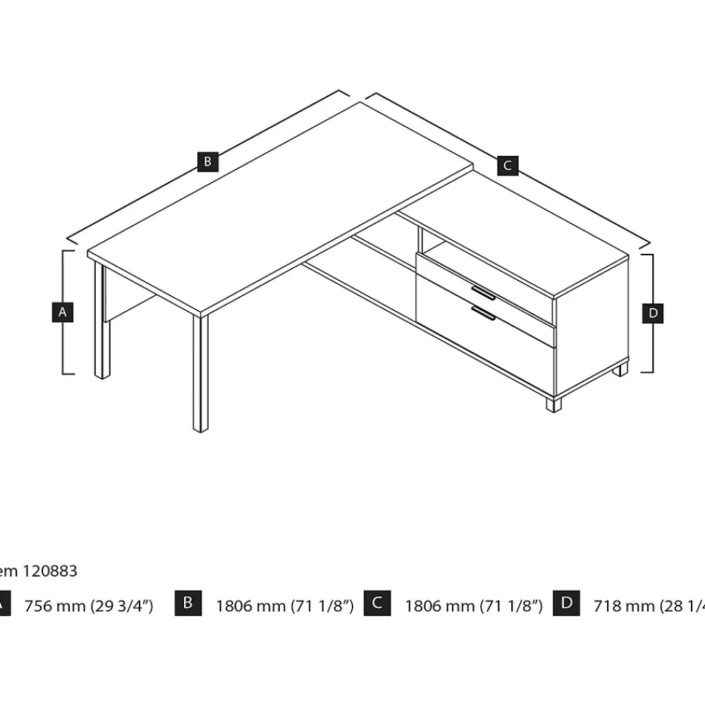 L-Desks*bestar Pro-Linea 71"W L-Desk, White & Bark Grey (120883-47)