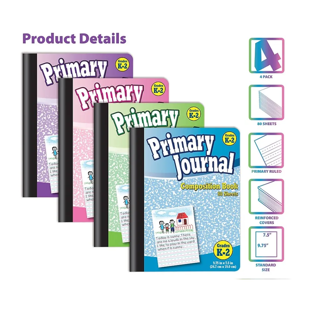 Composition Notebooks|Better Office Primary Journal Composition Notebooks, 7.5" x 9.75", Primary, 80 Sheets, Assorted Colors, 4/Pack (25454-4PK)