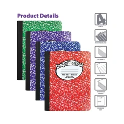 Composition Notebooks|Better Office 1-Subject Composition Notebooks, 7.5" x 9.75", Wide Ruled, 100 Sheets, Assorted Colors, 4/Pack (25204-4PK)